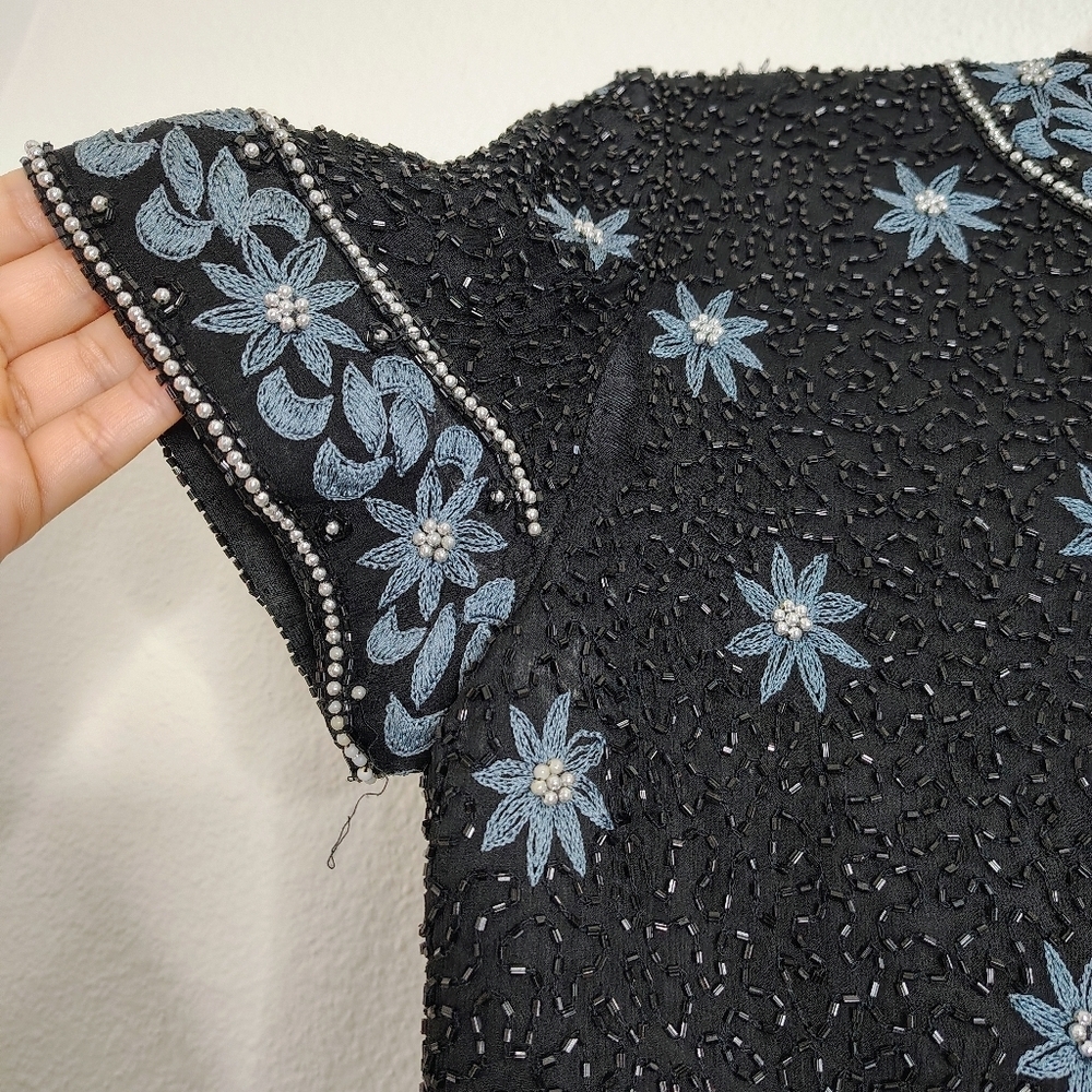 Vintage Papell Boutique Evening Top Womens Small Black Blue Floral Silk Beaded - Picture 13 of 14